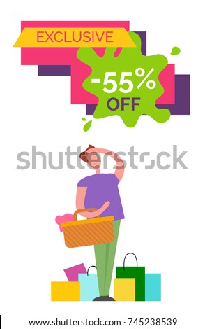 Exclusive -55% off poster representing man dressed in purple shirt standing with bags and basket on vector illustration isolated on white
