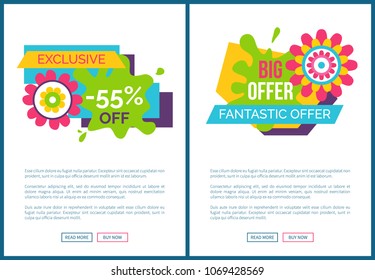 Exclusive 55% off premium labels set with flower buds, vector shopping sale sticker blooming abstract plant cartoon, vector online posters push button