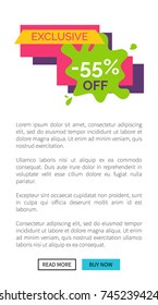 Exclusive -55% off, web page depicting ribbon, blot and rectangular on background with lettering in foreground, text and buttons vector illustration