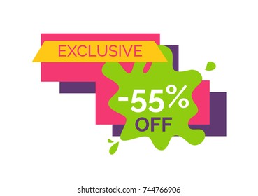 Exclusive 55 percent off, unique sticker representing number and percent, text sample on blood and rectangles on vector illustration isolated on white