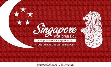 Exclusivo 59º Día Nacional de Singapur 2024 Diseño de Plantilla de Anuncio. Día de la Independencia de Singapur 2024 Anuncio con el símbolo de la bandera, león en hermoso patrón de Batik rojo.