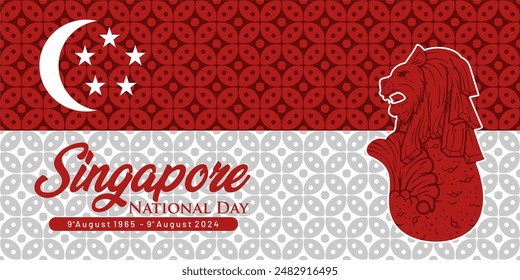 Exclusive 59th Singapore's independence day August 9th background. Singapore National Day 9th August celebration banner template design with batik pattern and lion symbol. Hari Merdeka Singapore 59