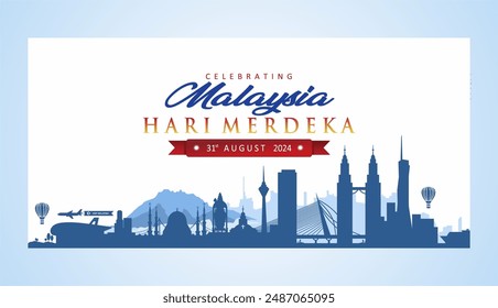 Exclusive 67th Malaysia Independence Day Background with Blue Landmarks Illustration. Happy 67th Malaysia Hari Merdeka 2024 Banner. Best for Malaysia National Day Celebration