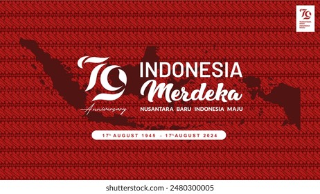 Exclusive 79th anniversary of republic of Indonesia independence day background with red batik pattern, indonesian map and newest logo. Dirgahayu 79 RI background. HUT RI 79 2024. 