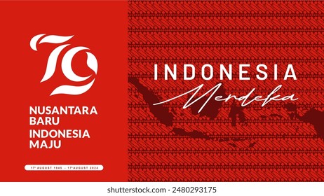 Exclusive 79th Independence day of Indonesia background with official logo, indonesian map and red batik pattern.  HUT 79 Tahun Republik Indonesia. Dirgahayu 79 Tahun Indonesia.  