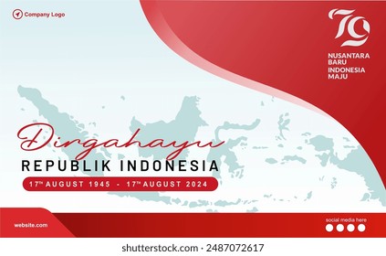 Exclusive 79th Independence day of Indonesia greeting template with 79 logo and indonesia map illustration. Dirgahayu 79 Republik Indonesia 2024 means Happy 79th Independence Day. 