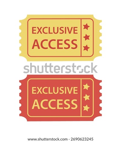 Exclusive access ticket illustrations in yellow and red, symbolizing special entry and premium privileges isolated on white background
