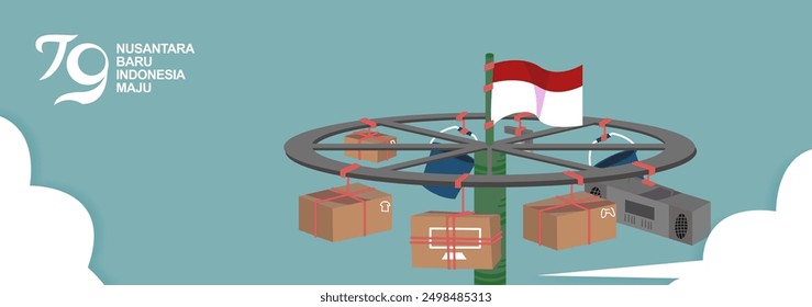 Exclusive background of 79th anniversary of Indonesian Independence with traditional game "panjat pinang" and official logo. Happy 79th Anniversary of Republic of Indonesia. 79 Years of Indonesia.