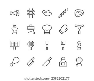 Juego exclusivo de iconos de línea delgada de barbacoa. Gran paquete de pictogramas minimalistas modernos para el kit UX de interfaz de usuario móvil, infografías y sitios web