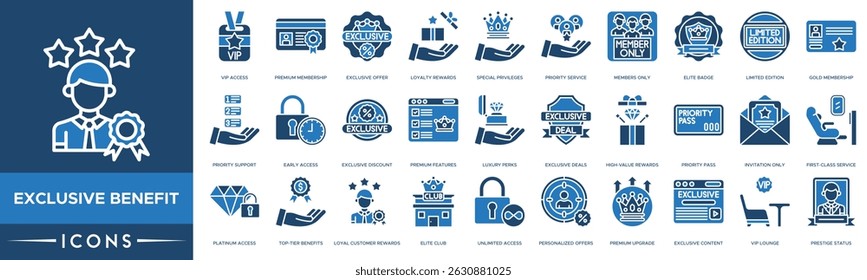 Exclusive Benefit Icon set. VIP Access, Premium Membership, Exclusive Offer, Loyalty Rewards, Special Privileges and Priority Service