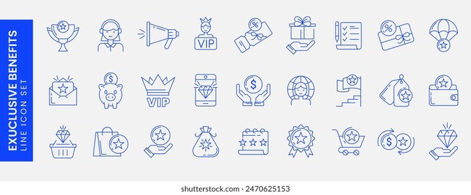 Exclusive benefit icons. Loyalty program line icon set with star, diamond, vip client, gift voucher, discount coupon, redeem points, prize, membership card. Special bonus symbol. Cashback, save money.