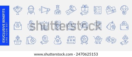 Exclusive benefit icons. Loyalty program line icon set with star, diamond, vip client, gift voucher, discount coupon, redeem points, prize, membership card. Special bonus symbol. Cashback, save money.