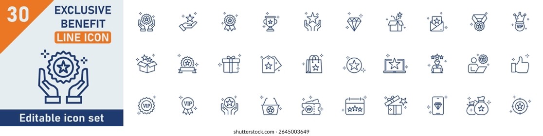 Conjunto de ícones de linha de benefício exclusivo. Conjunto de 30 ícones de contorno relacionados com bônus, benefício, recompensa, prêmio, presente, estrela, lealdade, VIP e outros. Traçado editável. Ilustração vetorial.