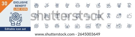 Exclusive benefit line icon set. Set of 30 outline icons related to bonus, benefit, reward, prize, gift, star, loyalty, VIP and others. Editable stroke. Vector illustration.