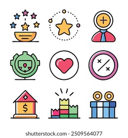 Exclusive benefit, prize, incentive, reward concept colorful linear icons. color offset line icons flat color outline vector sign collection set.