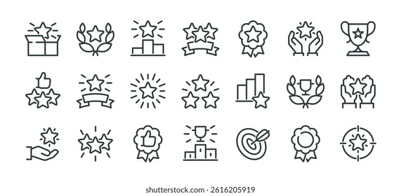 Exclusive Benefit, Special Offer, Best Award, High Rank Premium Icons Pack. Such Line Signs as Champion Cup, Stars, Medal. Vector Icons Set for Web and App in Outline Style Editable Stroke.