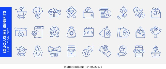 Exclusive benefit thin line icons. Loyalty program linear blue icon set with reward, incentive, voucher, coupon, trophy award, gifts and vip client card. Stars in bag or wallet. Special bonus symbols.