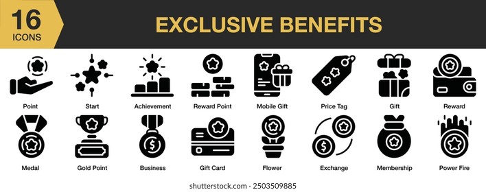 Exclusive Benefits Glyph icon set. Includes achievement, business, exchange, gift card, gift, and More. Solid icons vector collection.