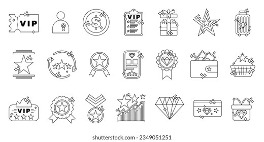 Exclusive benefits icon collection. VIP ticket, diamond and crown, premium quality, coin token icons set.