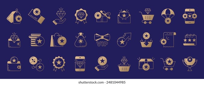 Exclusive benefits icon. Loyalty program offer line icons set with bonus card, vip member, discount voucher. Golden linear gift box, sale coupon, reward, shopping bag, star coins in wallet or basket.