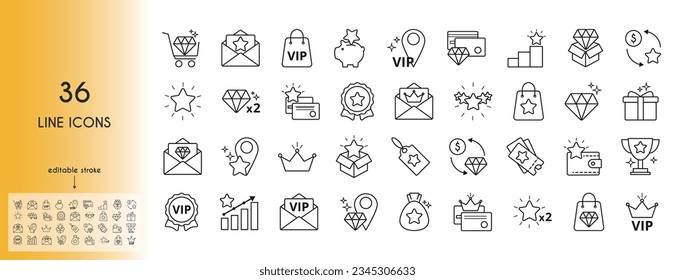 Exclusive benefits icon set. Diamond, star, trophy, piggy bank, voucher, credit card, crown, vip, gift, vector illustration.