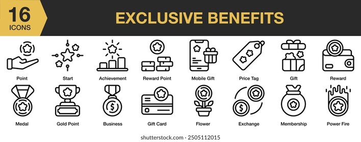 Exclusive Benefits icon set. Includes gold point, medal, membership, mobile gift, point, price tag, and More. Outline icons vector collection.