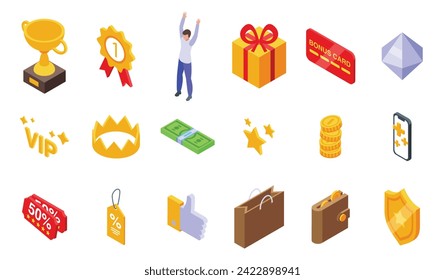 Exclusive benefits icons set isometric vector. Reward loyalty gift. Member special