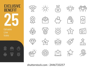 Exclusive Benefits Line Editable Icons set. Vector illustration in modern thin line style of bonuses related icons: prize, reward, incentive, and more. Pictograms and infographics for mobile apps.