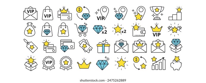 Exclusive benefits line icon set. Star, money, order, piggy bank, cup, letter, credit card, coupon, wallet, doubling, rating, bag, location, box, gift bag vector