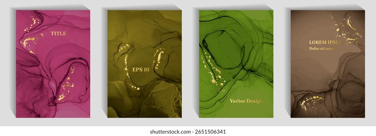 Exclusive birthday greeting card backdrops vector collection. Liquid alcohol ink texture, gold spatter. Vibrant corporate business card backgrounds, flyers bundle. Cover page layouts.