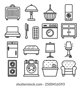 Exclusive Black and White Line Art Illustrations of Essential Household Items: Modern Appliances, Classic Electronics, Cozy Furniture, and Trendy Home Decor for Every Space