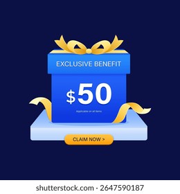 Banner exclusivo do cupom da caixa de presente azul com $50 benefício e fita dourada, estilo de gradiente plano moderno para o programa de recompensa, voucher digital, campanha de fidelidade ou promoção