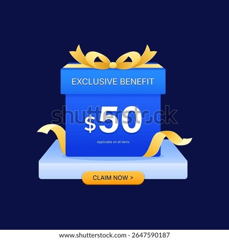 Exclusive Blue Gift Box Coupon Banner with $50 Benefit and Golden Ribbon, Modern Flat Gradient Style for Reward Program, Digital Voucher, Loyalty Campaign or Promo