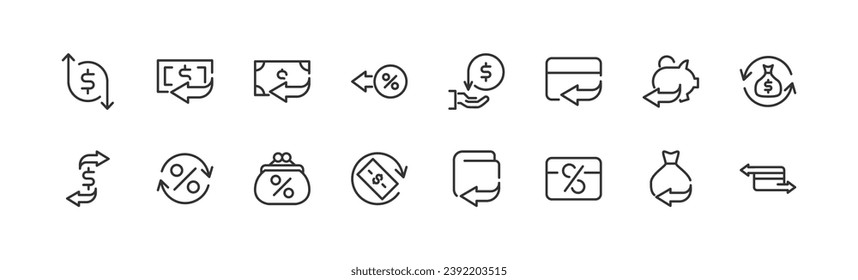 Conjunto exclusivo de iconos de línea delgada de cashback. Gran paquete de pictogramas minimalistas modernos para el kit UIUX móvil, infografías y sitios web