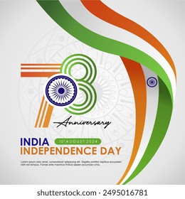 Exclusive Celebration Greeting of 78th India Independence Day 15 August 2024. 78th Anniversary of Bharat Ganarajya August 2024 Background with 78th logo and India Flag Riddon. Vector Illustration