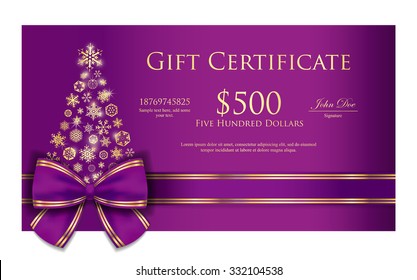 Exclusive Christmas Gift Certificate With Purple Ribbon And Gold Snowflakes
