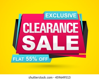 Exclusive Clearance Sale with Flat 55% Off, Creative Paper Tag or Banner design on yellow background.