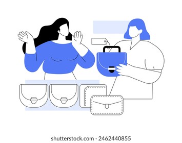 Exclusive clothing collection isolated cartoon vector illustrations. Clothing boutique business owner showing exclusive accessories to customer, trade profession, smart retail vector cartoon.