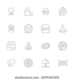 Colección exclusiva de 16 iconos vectoriales de línea delgada para apetitoso, desarrollada con resolución Retina Ready Grid Fitted para experiencias de marca premium.