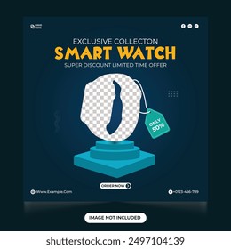 Exclusive collection smart watch sale template social media post. online marketing clock store promotional web banner design with dark green color. Smartwatch social media post with creative shapes.