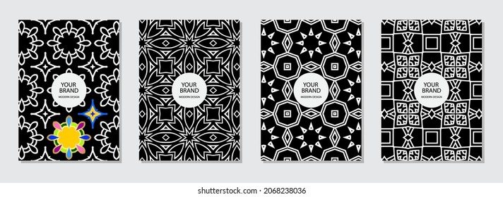 Exclusive cover design set. Geometric black white pattern coloring antistress. Oriental, Indian, Mexican, Aztec motives. Vertical templates for magazine layout, brochure, presentations, coloring books