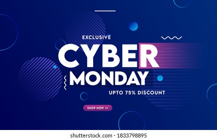 Exclusive Cyber Monday Sale Banner Design with 75% Discount Offer on Blue Abstract Geometric Background.