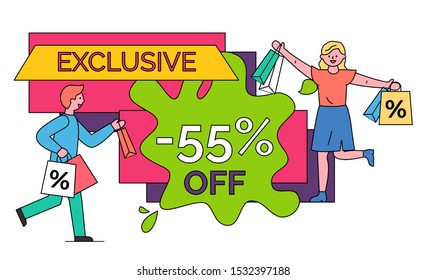 Exclusive deal from store vector, isolated banner with stripe and blot shape. Customers of shop with bags and packages. Shoppers with purchases bought on discounts and clearance flat style character