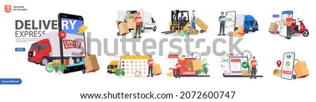 Exclusive Delivery bundle with people characters, Scooters, Truck, and Smartphone. Online order and couriers delivery at home, global shipping and local distribution, logistics situations. 