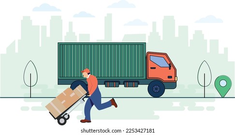 Exclusive delivery illustration with delivery man with truck, Delivering parcel in short time.