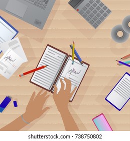Exclusive design composition with a view from above. Women's hands with a notebook, business accessories and stationery. Vector illustration