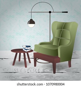 Exclusive design floor lamp, classic chair and modern table. Stylish furniture and interior.