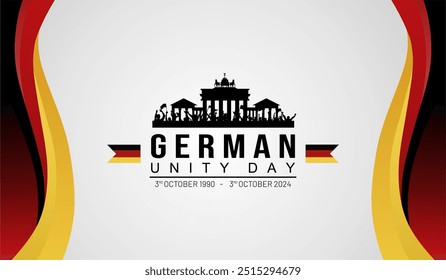 Exclusive Design of German Unity Day 3rd October 2024 Greeting Card with Brandenburg Gate Illustration and Gradient German Flag. German Unification Celebration Banner, Background, Template, Poster. 