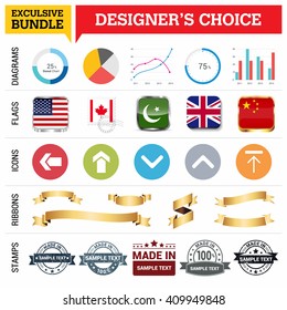Exclusive Designer's Choice Bundle. Set of Diagrams, Country Flags buttons various style, icon set, Ribbon banner template and Made in Stamps design element