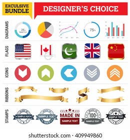 Exclusive Designer's Choice Bundle. Set of Diagrams, Country Flags buttons various style, icon set, Ribbon banner template and Made in Stamps design element